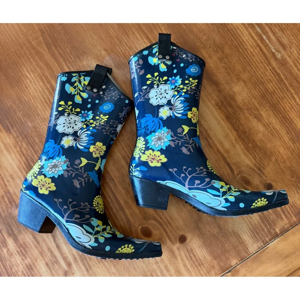 Western Floral Rubber Rain Boots Navy Blue Cowboy Style Block Heel Size 9